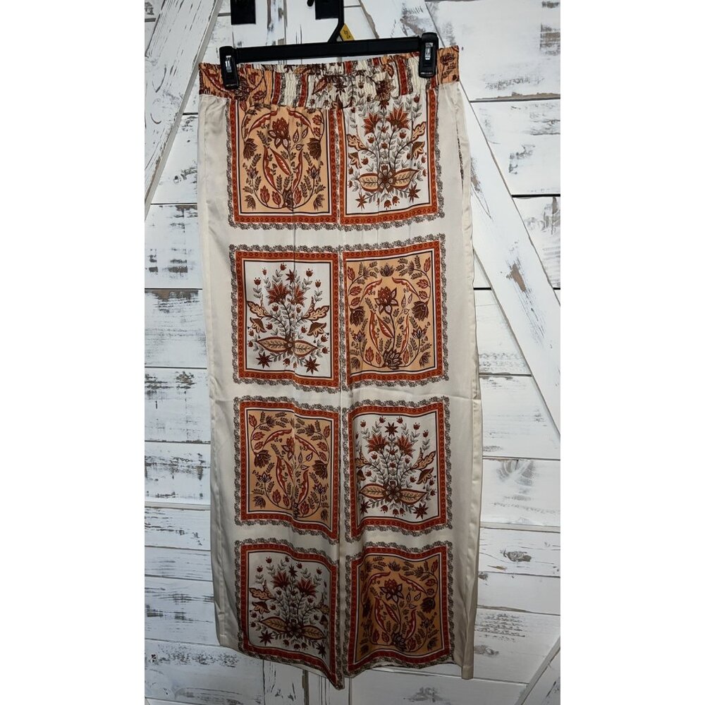 Rachel Zoe Size M Silky Satin Boho Pant Wide Leg Palazzo Orange Cream Bandana